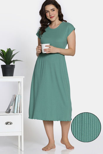 Buy Zivame 2 Mile Fashion Knit Poly Mid Calf Length Nightdress - Granite Green